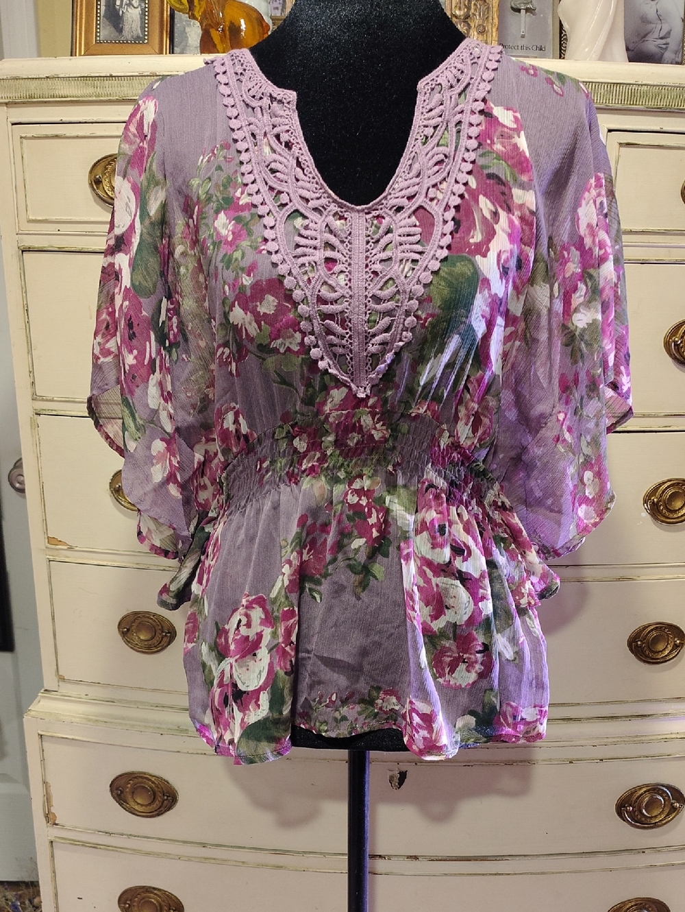 Candie's Lavender Floral Crochet-Trim Peasant Blouse